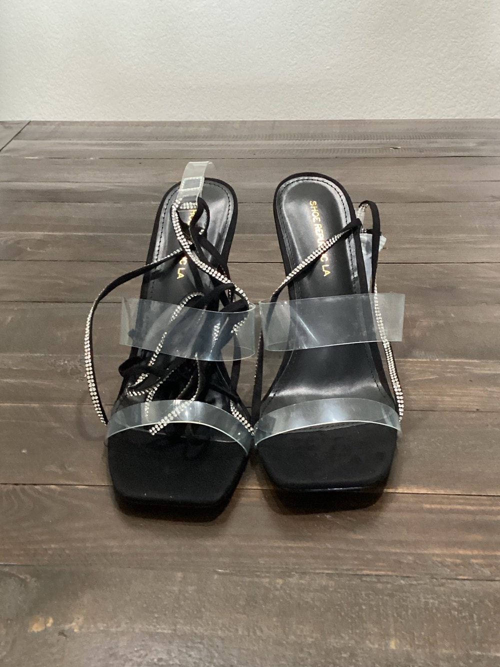 Shoe Republic LA Black Heeled Sandals with Clear Straps and Rhinestone Laces‎